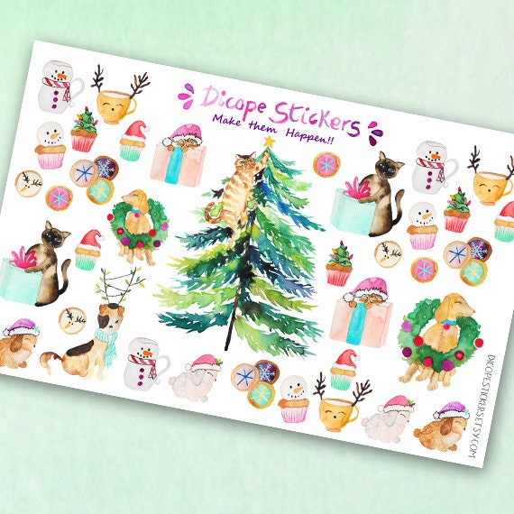 Christmas Cat On A Tree Xmas Pets And Decor Planner Stickers Etsy