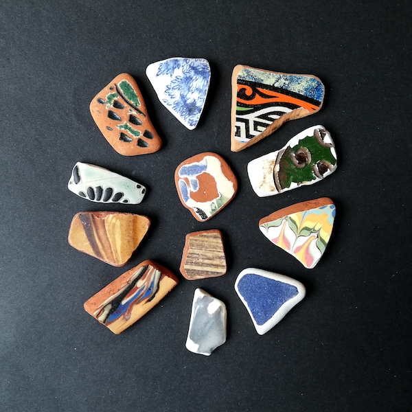 Sea ceramic pottery shards set 12 Collectible sea genuine pottery Rare Beach Finds