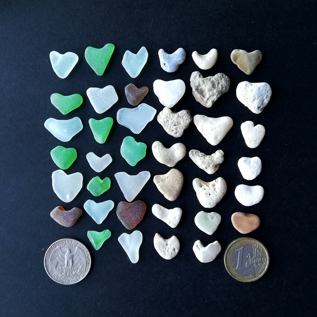40 Small Heart Shaped Rocks and Sea Glass Beach Glass Hearts Mosaic Sea