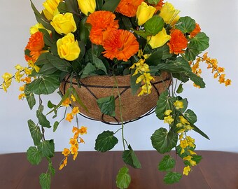 Mix Orange/Yellow/Green Hanging Silk Flowers With 14" Coco Liner Basket  24" Round x 24" High SKU: VS090223