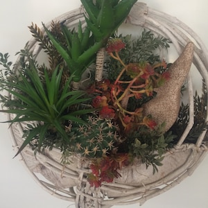 May include: A white wicker wreath with a variety of green succulents and a small cactus. The wreath is decorated with red and brown flowers.