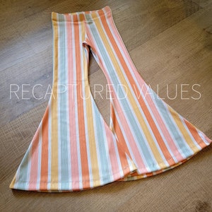 Groovy Retro Hippie Stripe Flared Bell Bottoms for Baby and Toddler Girls, Coral Spice, Peach, Minty Sage, Sunflower Yellow