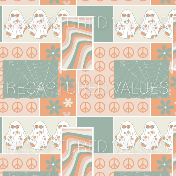 Groovy Retro Delicate Harmony Groovy Ghoul Patchwork PNG Seamless Pattern Design // Sage Green, Apricot, Cameo Pink, Linen, and White