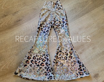 Hippie Iridescent Cheetah Print, Gold Glitter Print Flared Bell Bottoms for Baby & Toddler Girls, Lainey Wilson Inspired