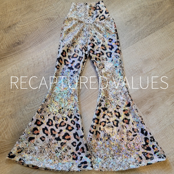 Hippie Iridescent Cheetah Print, Gold Glitter Print Flared Bell Bottoms for Baby & Toddler Girls, Lainey Wilson Inspired