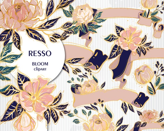 Glitter Flower Banner Clipart Gold Foil Retro Ribbon Clip Etsy