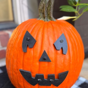 May include: An orange pumpkin with a carved black face, featuring triangular eyes, a triangular nose, and a jagged mouth. The pumpkin has a green stem and is a Halloween decoration.
