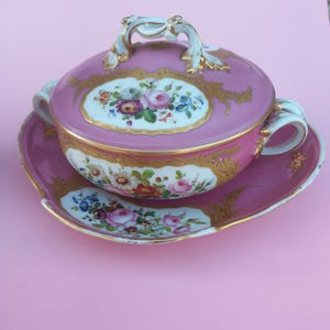 Antique France Limoges Victorian Sugar Bowl with lid and Plate Hand painted  Porcelain Bowl Pink with flowers