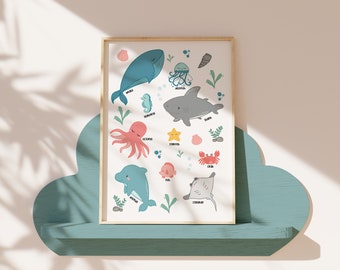 Under the sea themed print, sea animals, ocean creatures print, under the sea themed nursery decor, playroom wall art