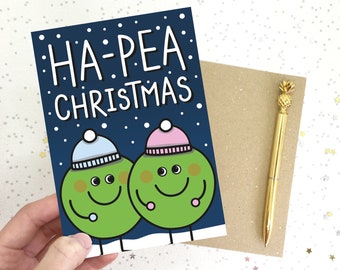 Ha-Pea Christmas Greeting Card with Kraft Envelope // Pea Pun // Pea Christmas Card // A6 350gsm