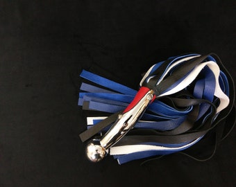 Heavy Leather Pride Hame Ball Flogger w/ 30 falls in heavy weight leather. Including a  red corset under chromed brass