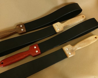 Heavy Black Latigo Leather Spanking Strop w/ Beautiful Wooden Handle | Thuddy Spanking Strap | Belt Spanking Toy Leather BDSM Fetish Paddle