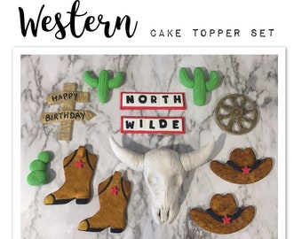 Western cake toppers, custom fondant, fondant toppers, birthday cake topper, woodland animals, cowboy boots, cowboy hat, birthday cake
