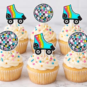 Anpassningsbara rullskridsko-muffinsdekorationer utskrivbara, discokul-muffinsdekorationer, retro rullskridsko-födelsedagsfest, digital nedladdning