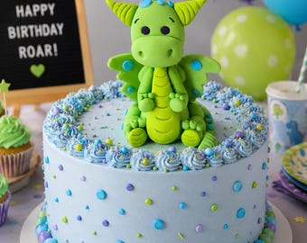 Fondant Dragon Cake Topper: Green & Blue Party Decoration