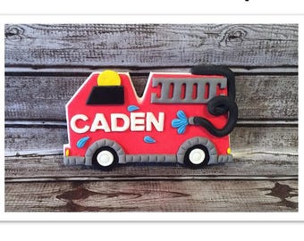 Fondant Fire Truck Cake Topper: Personalized Fireman Party Decoration