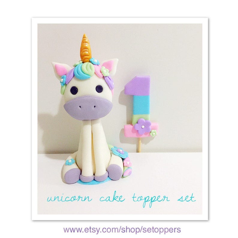 Unicorn, unicorn cake topper, girly, pink and purple, cake decorating, flowers, birthday, fondant toppers, handmade, first Birthday image 1