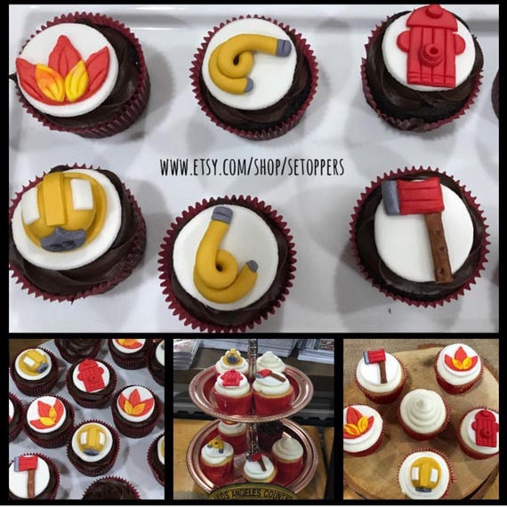 Fireman Cupcake Toppers Custom Fireman Toppers Custom Fondant Firefighter Fondant Cupcake Toppers Cake Toppers Fireman Party