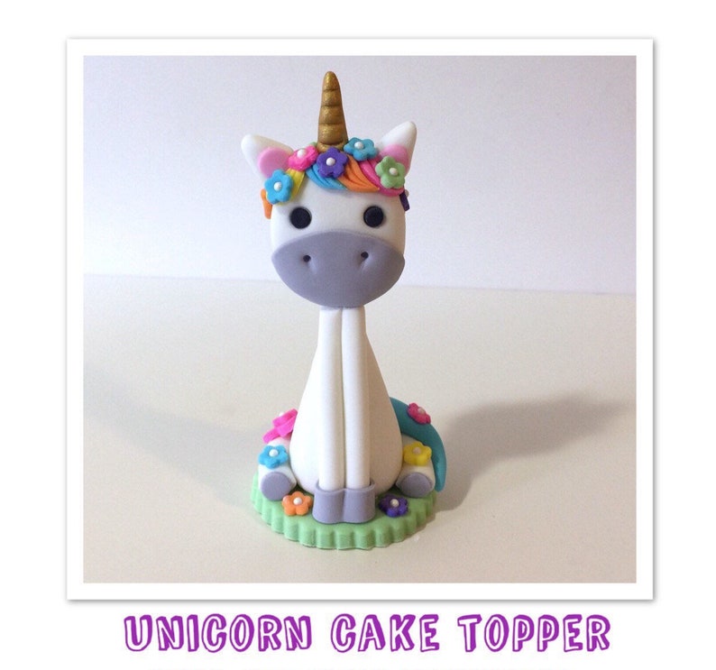 Topper de pastel de unicornio, topper de pastel de fondant, topper de pastel de cumpleaños, topper de cupcake, decoración de pasteles, suministros para pasteles, fondant de unicornio arco iris imagen 1