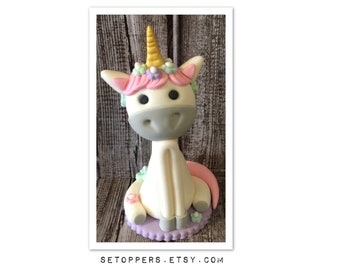 Topper de pastel de unicornio, topper de pastel de fondant, topper de pastel de cumpleaños, topper de cupcake, decoración de pasteles, suministros para pasteles, fondant de unicornio arco iris