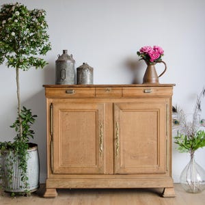May include: A light oak cabinet with two doors and brass handles. Two metal canisters and a bronze jug with pink roses are on top. A potted topiary and a glass vase with greenery are also present.
