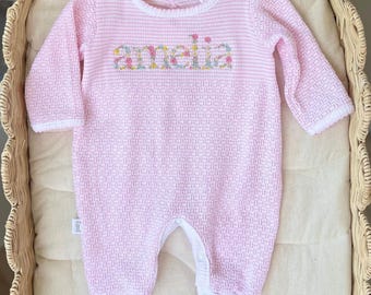 Embroidered Floral Name Newborn Romper, Personalized Baby Girl Coming Home Outfit