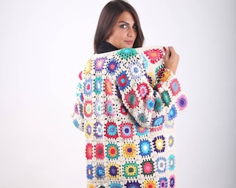 Patchwork cardigan Winter cardigan Granny square jacket Multicolor sweater Afghan coat Boho Hippie jacket Retro long sweater Christmas gift