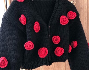 Red Rose Floral sweater Knit open front cardigan Handknit Cozy sweater Handmade Women cardigan Chanky Croped  Y2K gift Oversized Flower 3D