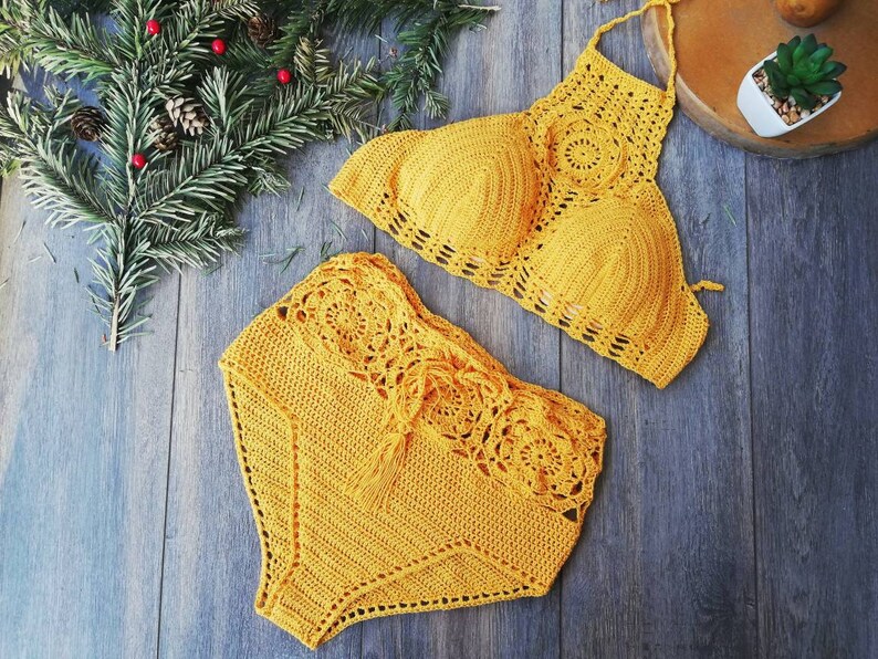 High Neck Bikini High Waisted Bikini Crochet Swimsit Crochet Etsy
