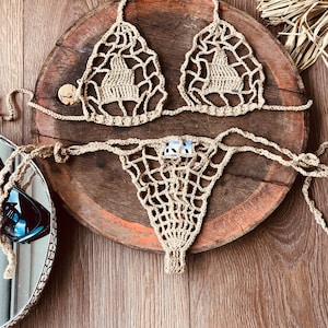 Nudistbikini Present till fru Sexig bikini Virkad bikini Genomskinlig underkläder Öppen bikini Minibikini Grenlös bikini Röd baddräkt bild 1