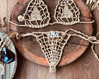 FKK-Bikini Geschenk für Frau Sexy Bikini Crochet Bikini Durchsichtig sehen Offener Bikini Mini-Bikini Roter Badeanzug