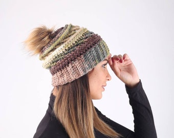 Sombrero multicolor Pom pom hat mujeres Winter Chunky hat Fur pom beanie Slouchy hand knit hat Cozy warm hat Vegan Ladies hat Teen wool hats