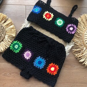 High waisted shorts Crochet shorts Two piece set Festival boho Hippie shorts Granny Square Summer shorts Beach cotton shorts Women hot pants