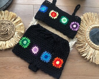 High Waisted Crochet Shorts: Granny Square Boho Festival Hot Pants