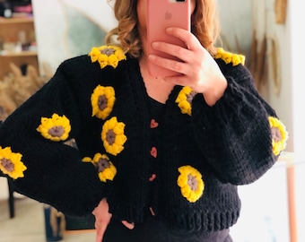 Sunflower Floral sweater Knit open front cardigan Handknit Cozy  sweater Handmade Women cardigan Chanky Croped  Y2K gift Oversized Flower