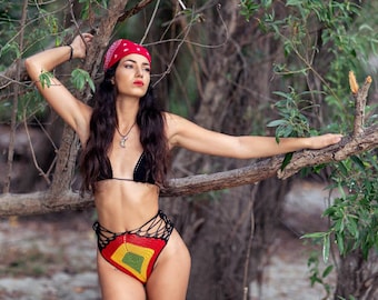 Rasta szydełkowe bikini Szydełkowy kostium kąpielowy Szydełkowy zestaw bikini Szydełkowy strój kąpielowy Rasta odzież Jamajskie bikini Czarny kostium kąpielowy Hippie odzież
