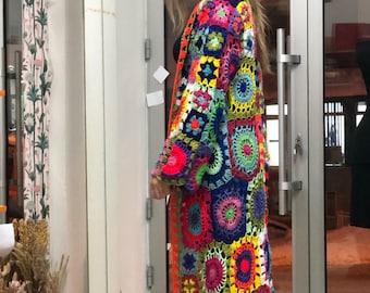 Granny Square Crochet Cardigan: Multicolor Boho Afghan Coat