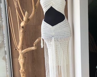 Crochet Beach Wedding Dress: Handmade White Cotton Boho Cover-Up