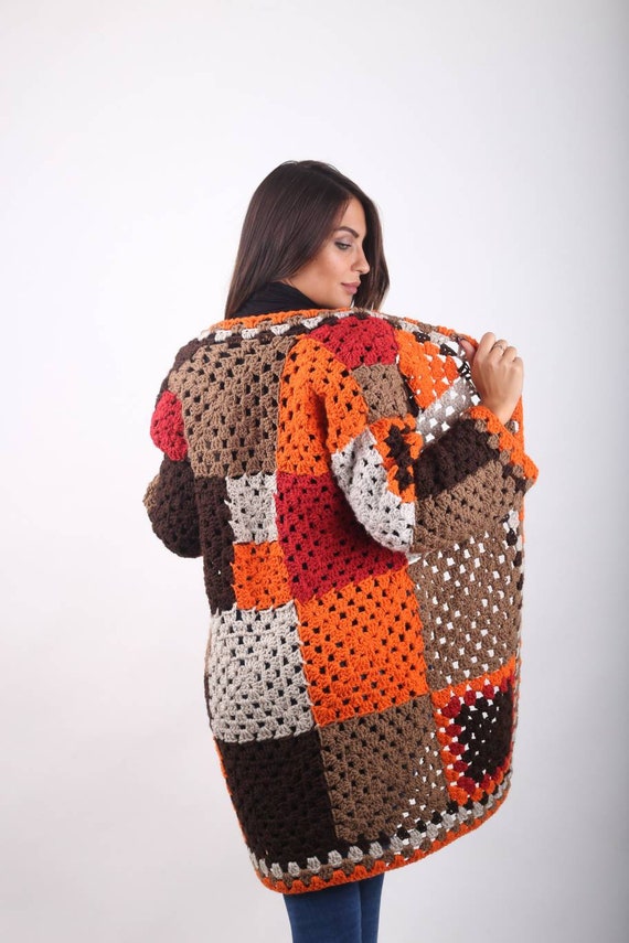 Spring Fashion 2023winter Orange Cardigan Patchwork Jacket Granny Square Cardigan Designer Cardigan 1970 Coat Hippie Jacket Sweater Boho Etsy Ireland
