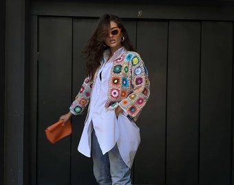 Patchwork Winter cardigan Granny square jacket Multicolor sweater Afghan coat Boho Hippie jacket Retro sweater Christmas gift Street style