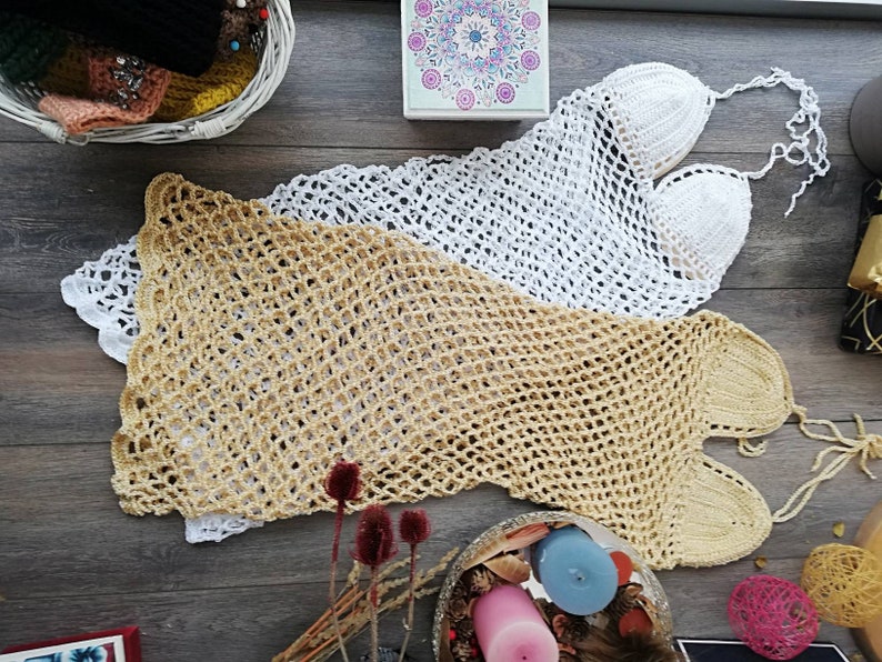 Crochet Beach Dress: Gold Fishnet Cover-Up, Open Back image 4