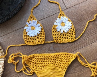 Daisy Crochet Bikini: Sheer See-Through Swimsuit