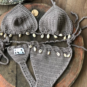 Sea Shell Crochet Bikini set Thong bikini Triangle Swimsuit Gift for wife Cowrie shell bikini Bra Handmade Bohemian Boho swimwear image 4