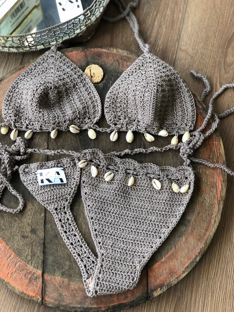 Sea Shell Crochet Bikini set Thong bikini Triangle Swimsuit Gift for wife Cowrie shell bikini Bra Handmade Bohemian Boho swimwear image 4