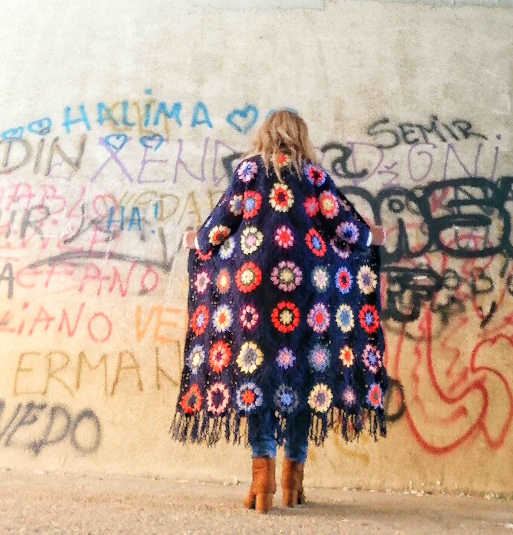 Coat of Many Colors Granny Square Afghan Coat Boho Crochet Cardigan