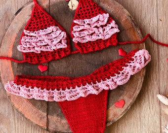 Nudist bikini Gift for wife Sexy bikini Crochet bikini See through lingerie  Open bikini Mini bikini Crotchless bikini  Red swimsuit