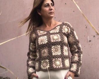 Hand Crochet Granny Square Sweater: Patchwork Boho Jumper