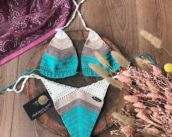 Crochet Bikini Set Handmade Boho Swimwear Color Block Top and Bottom Turquoise Beige White Festival Beach Outfit Summer Trendy