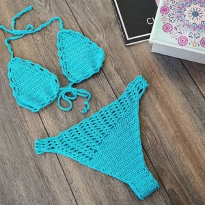 Crochet Bikini Set Crochet Swimwear Swimsuit Trim Bikini Gift for her Gift for women Crochet beachwear String bikini Turquoise Brazilian image 9