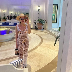 Resort Crochet Beach Cover up Long See Through Dress White Summer dress Fishnet Dress Sheer Dress Open Back Festival Dress See Thru Sexy